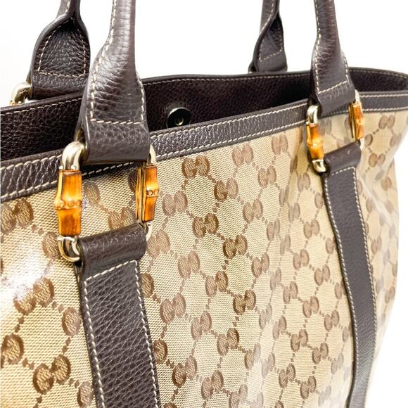 Gucci GG Supreme Monogram Crystal Bamboo Tote Bag Brown Leather - Picture 10 of 13